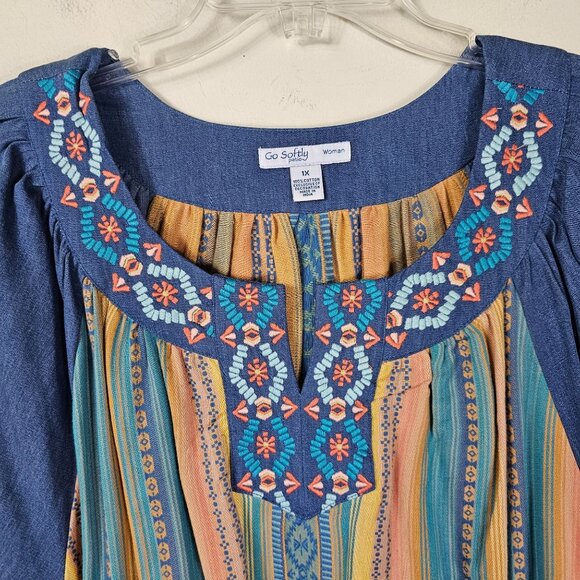 Go Softly Patio Dress 1X Southwestern Embroidered Pullover Pockets Boho Aztec - Picture 3 of 9